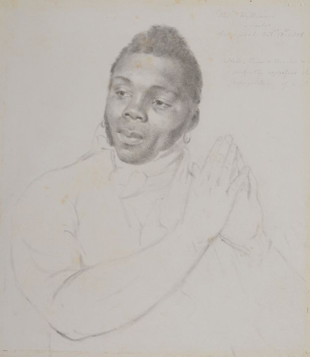 Drawing. The face and hair of a Black man are shaded in detail. He looks off to our left, his head tipped to our right. Hoops hang from each ear. His jacket, neck cloth, and hands, which are together, perhaps in prayer, are sketched in loose outlines.