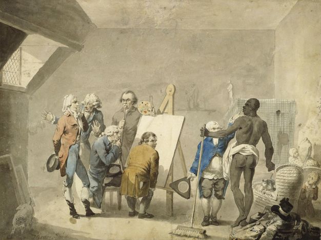 Watercolour. A muscular Black man with only a white cloth up around his waist stands facing away from us to our right in an artist’s studio. Five pale-skinned men crouch, sit, or stand around a canvas propped on an easel to our left. A sixth man reaches up to touch the Black man’s chin. A child cowers behind a cradle in the lower right corner of the picture, looking up at the model in fear.