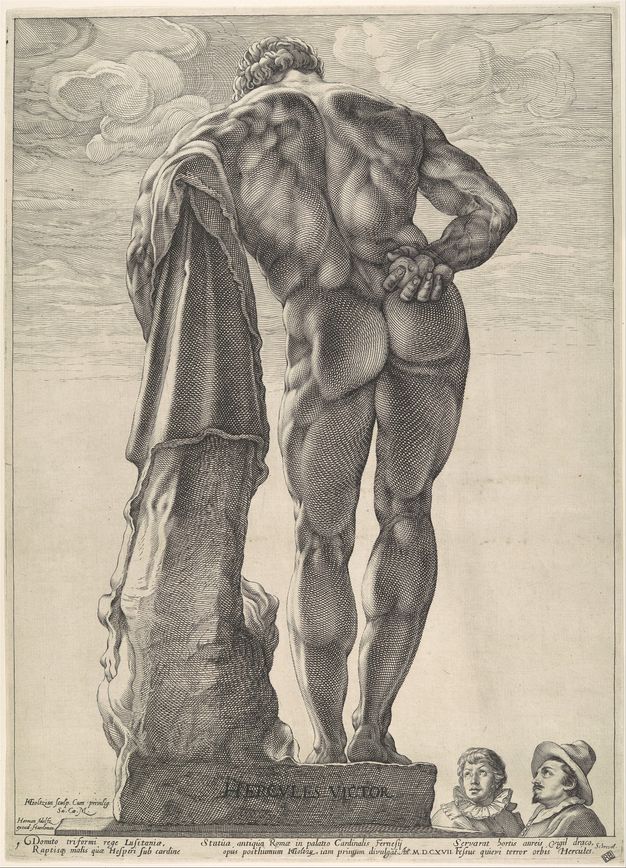 Print. This engraving shows a standing man facing away from us. His left arm is draped over a tree stump, and he holds small apples in his right hand, which rests palm out on his lower back. The definition of his muscles is exaggerated, so every single one stands out. From the lower right corner, two men look up at the statue, which looms over them.