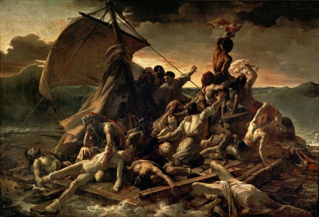 Painting. About a dozen people with pale, tanned, or brown skin twist, lie, or sit on a wooden raft in choppy waters.