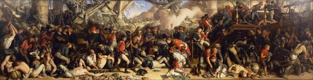 Painting. Panoramic scene shows scores of soldiers fighting or tending to the wounded and dying on the decks of two ships, which are pulled side by side. At the centre of the action, a clutch of men gather around a dying man, Horatio Nelson, and look on with sadness, concern, or surprise.