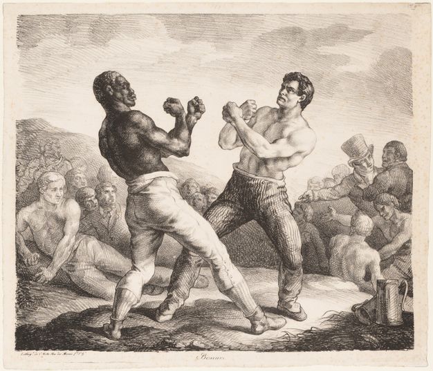 Print. Two boxers, one Black and one white, stand leaning away from each other, feet widely planted and fists raised. Both are clean shaven, well-muscled, and wear long pants. Other bare-chested men and those in suits look on from a landscape background.