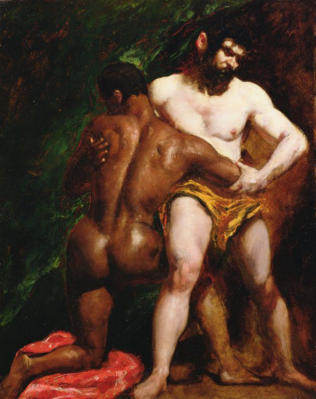 Painting. Two boxers, one Black and one white, stand leaning away from each other, feet widely planted and fists raised. Both are clean shaven, well-muscled, and wear long pants. Other bare-chested men and those in suits look on from a landscape background.