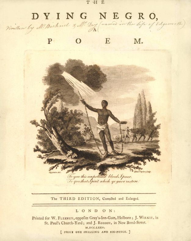 Title page. A print is centred on the page amid publication details. A Black man stands holding a dagger up with one hand, both wrists bound with long chains to his ankles, which are also shackled together. The muscular man wears only a white loincloth. In the background, three more Black men pull a carriage, badgered by a white man.