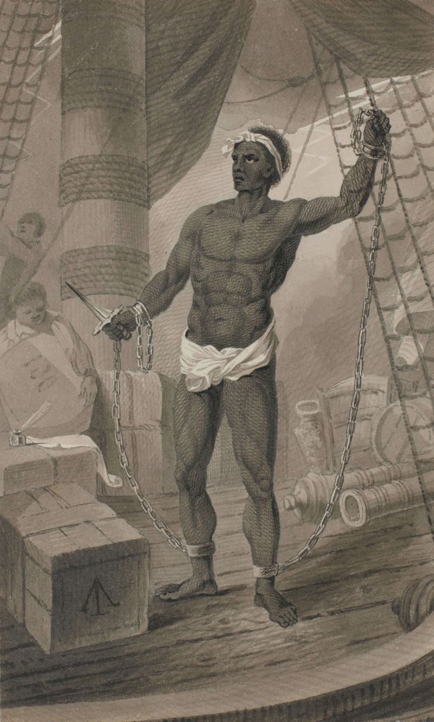 Drawing. A Black man stands holding a dagger in one hand as he grips the rigging of a ship with the other. His arms wrists are chained to his ankles. He wears only a white loincloth and white strip of cloth around his black hair. The pointed blade of the dagger is darkened. Two people work the rigging and move cargo behind him.