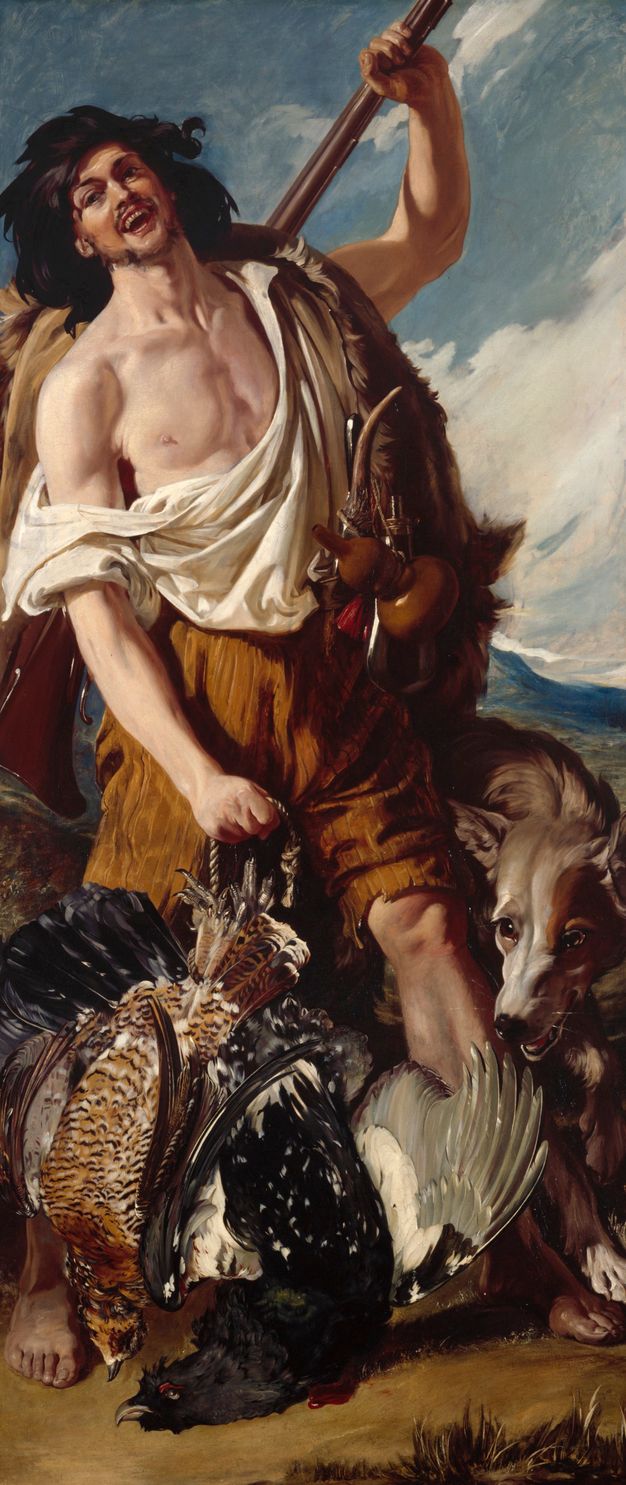 Painting. A pale-skinned man smiles out at us as he carries a pair of game birds from a rope in one hand. Slung over his shoulder, he holds his rifle by the barrel. His white chemise falls off one shoulder, revealing well-defined muscles. He strides forwards as a dog peers around his legs at the birds.