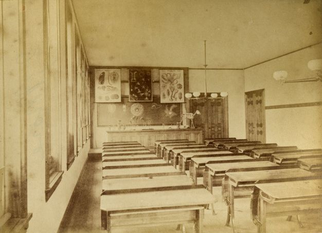 Black and white photograph. Twenty-five long tables are closely spaced in three rows in this hall-like room. Each table has a lip like a backsplash along one long edge. Diagrams and illustrations are hung on the far side of the room, and a few skeletons of animals sit on a ledge there.