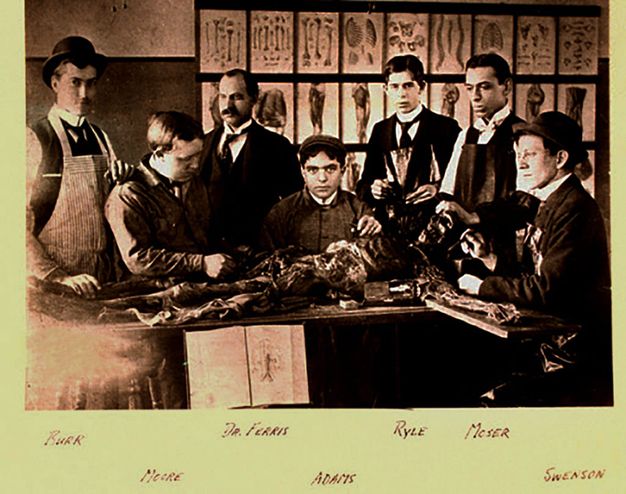 Black and white photograph. Seven men gather around a skeletal cadaver on a table. The arm we can see is stretched along a board. The wall behind the group is hung with diagrams and illustrations. The individuals are labelled in handwriting under the photograph: Burr, Moore, Dr. Ferris, Adams, Ryle, Moser, and Swenson.