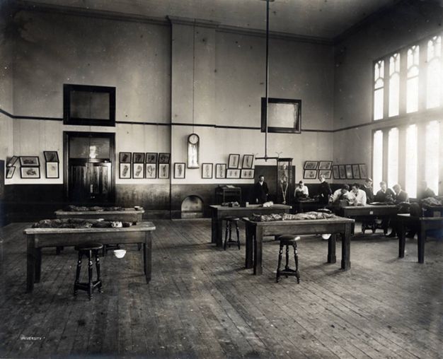 Black and white photograph. Nine people gather around two cadavers at the far side of this hall-like room. Some of the six or seven long tables are laid out with gaunt corpses. Light pours into the room from tall, narrow windows to our right.