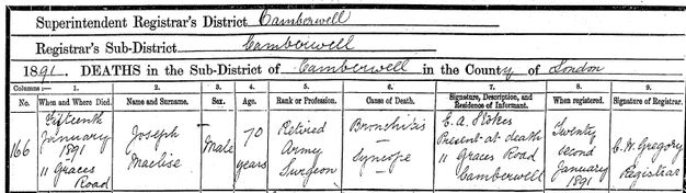 Form. Typed fields and a chart are filled in with handwriting. Fields next to “Superintendent Registrar’s District” and “Registrar’s Sub-District” have both been filled in with “Bramberwell”. Below, a mix of printed fields and written entries reads, “1891 Deaths in the Sub-District of Bramberwell in the County of London”. Details in the chart include, “Joseph Maclise”; “Male”; “70 years”; “retired Army Surgeon”; “Bronchitis Syncope”.