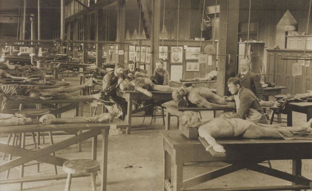 Black and white photograph. At least a dozen dead, human bodies in various stages of decay are laid out on tables. Three men cluster around one body to our right. Two more examine other bodies nearby. The room has a high ceiling and walls are hung with illustrations and diagrams.