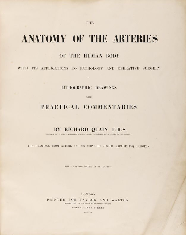 Title page. All the text is uppercase. Some lines are too small to read, but one in larger type reads, “The Drawings from Nature and on Stone by Joseph Maclise Esq. Surgeon”.