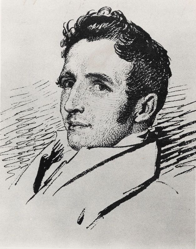 Drawing. A clean shaven young man looks from of the corners of his eyes at us. His face is angled to our left, and he gazes out under heavy brows. He has a straight nose and mutton chops. He has a rounded chin, and his full lips slightly smile.