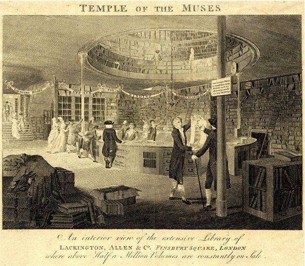 Print. Floor-to-ceiling shelves are packed with books. A round oculus opens onto the floor above. About a dozen men and women stand at a circulation desk and by the shelves. Text above reads, “Temple of the Muses” and more text is below.