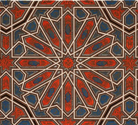 Illustration. A pattern radiates out from a twelve-pointed star. Sections are outlined in brown and white, and filled in with blue, red, brown, and white patterns.