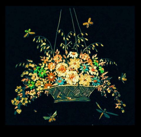 Microphotograph. Taken with the aid of a microscope, an image of a hanging basket of flowers surrounded by five butterflies and dragonflies is made of the iridescent scales of butterflies.