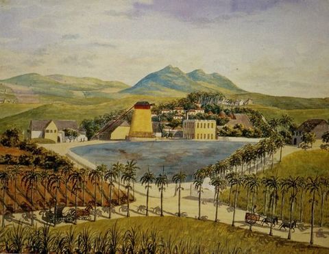Watercolour. We look down and across at a complex of buildings along and behind the edge of a pond. Palm trees line X-shaped roads that cross the grassy land in front of us and line the pond. Rolling hills move back into the distance.