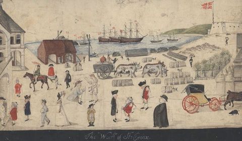 Watercolour. Pale-skinned men, women, and children walk along a seaside wharf. A few people and several children with black-coloured skin walk, play, or work among the group. Boats are anchored in the harbour, over which flies a flag with a white cross on a red field.