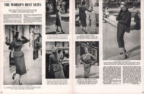 Magazine spread. Six black and white pictures show pale-skinned women wearing close-fitting caps, nipped-waisted jackets that flare over their hips, shin-length pencil skirts, gloves, and pumps. The women walk or stand in streets or parks.