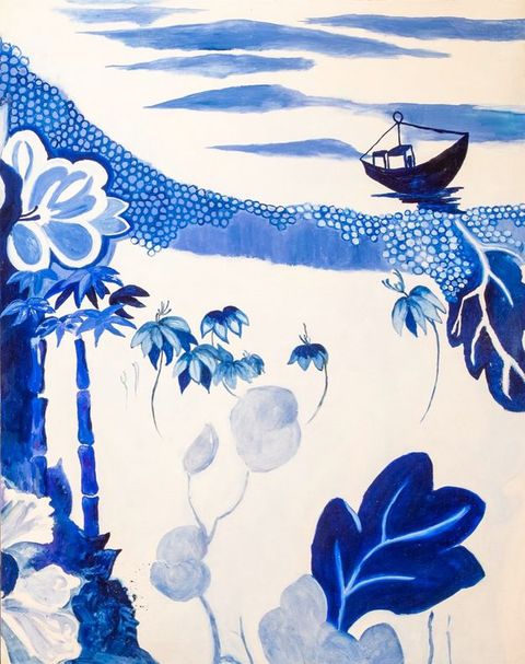 Painting. Leaves, flowers, and mountains are painted in vivid blue against white. A boat in dark silhouette floats near the upper right corner.