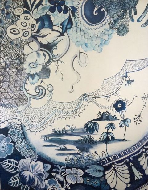 Painting. Patterns in lacy and geometric designs and flowers frame a landscape view. The composition is painted in sky and marine blue against white.