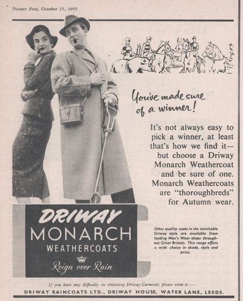 Ad. A pale-skinned man and woman lean back to back, peering at each other over their shoulders, next to a line drawing of racehorses and the slogan, “You've made sure of a winner!” Both have pale skin. The woman wears a floppy-brimmed hat, tight-fitting jacket, and shin-length pencil skirt. The man smokes a pipe and wears a fedora hat and long trench coat.