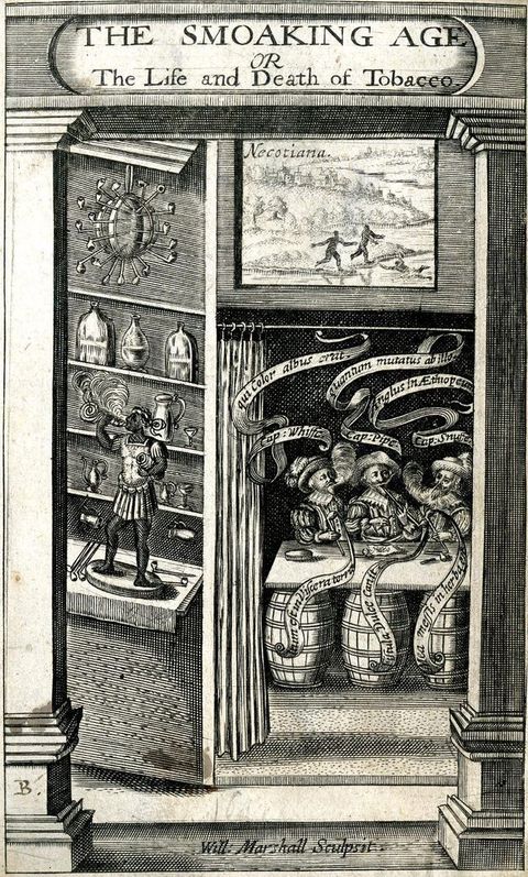 Frontispiece. Three pale-skinned men sit inside a room smoking pipes at a table resting on barrels. A display space with shelves and a counter is to our left. On the ledge, a statuette of a dark-skinned man smokes, smoke billowing from his mouth.