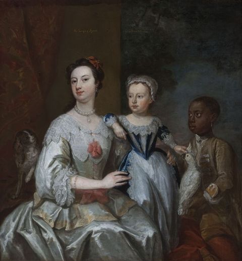 Painting. A woman supports a small child, both pale-skinned, as a young, dark-skinned boy looks on from our right. The boy holds a white parrot, and a small brown and white dog raises one front paw while looking at the woman to our left.