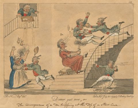 Print. This hand-coloured etching shows a woman and two men falling down a flight of stairs. The two candlesticks the woman holds burns the backside of one man, and hot soup in a bowl he had carried pours onto her reddened face. Another tray is dropped at the top of another flight of stairs, its contents pouring down onto servants standing below. All the people have pale skin.