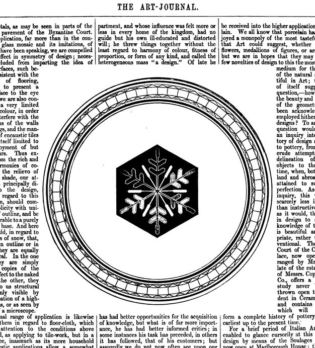 Illustration. White lines create a snowflake pattern against a black hexagon. The design is surrounded by a patterned ring, and the illustration is set into a page of text.