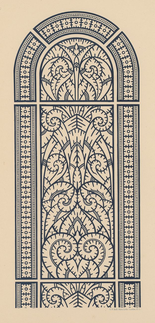 Illustration. An arched window design has spirals and bands lined with short dashes, like frost.