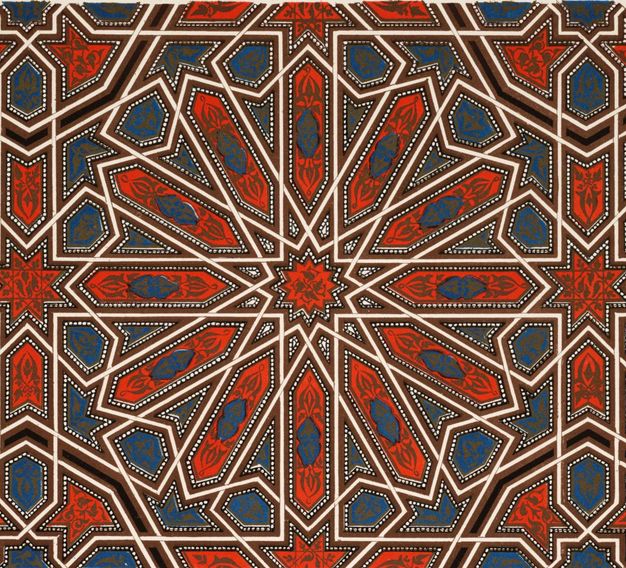 Illustration. A pattern radiates out from a twelve-pointed star. Sections are outlined in brown and white, and filled in with blue, red, brown, and white patterns.