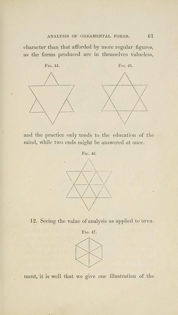 Page of a book. Four diagrams who how two triangles made into a six-pointed star can be divided into a six-sided and six-segmented hexagon.