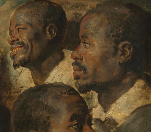Painting. Detail view of two faces of a black man, both facing our left in profile. He has a rounded nose and a black goatee around full lips. The person at the back smiles and tips his head slightly away. The other man in this close-up looks steadily ahead.