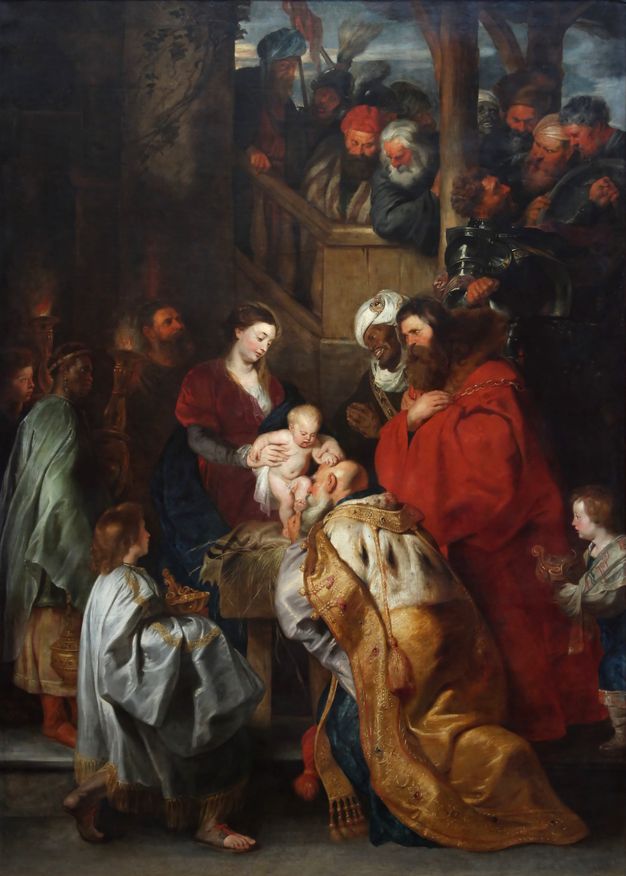 Painting. Eight men and boys gather around a woman holding a baby in this vertical composition. About a dozen more men look on from a balcony above and to our right. Most of the people have pale skin but two with dark skin are near the woman.