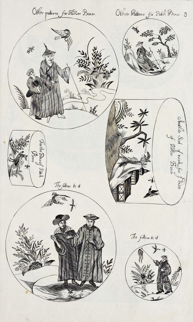 Illustration. Four roundels and two cylindrical objects are decorated with people and animals in landscapes. The people wear long robes or wide-legged pants. One person wears a hat that comes to a sharp point and another one that flares shallowly across the crown.