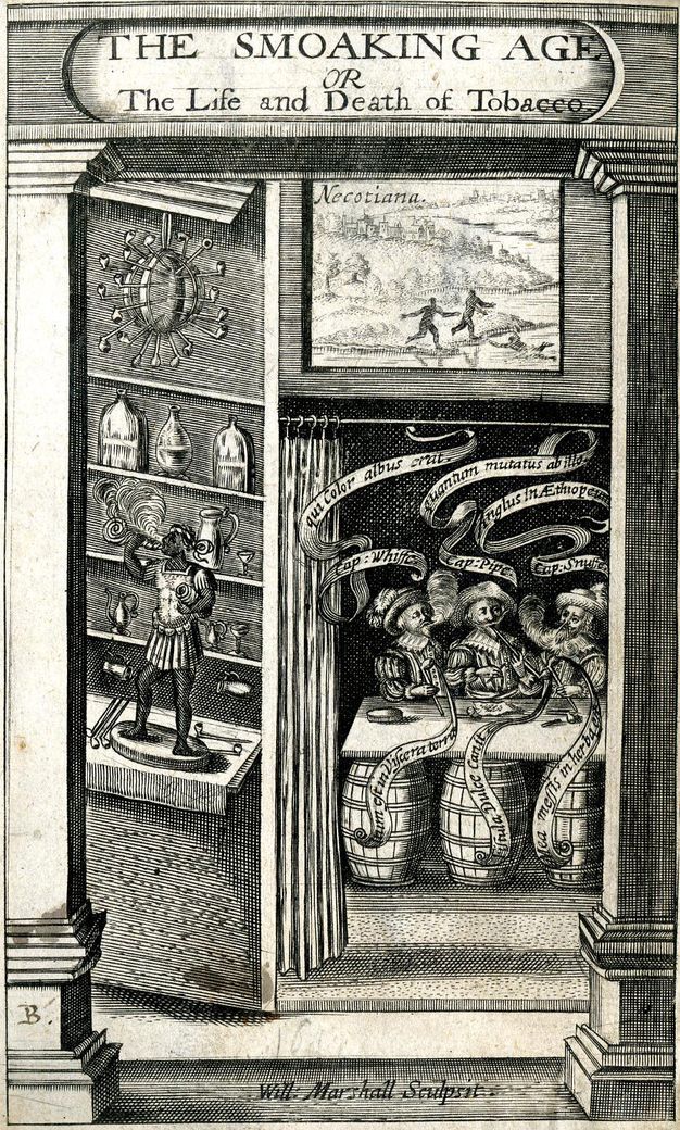 Frontispiece. Three pale-skinned men sit inside a room smoking pipes at a table resting on barrels. A display space with shelves and a counter is to our left. On the ledge, a statuette of a dark-skinned man smokes, smoke billowing from his mouth.