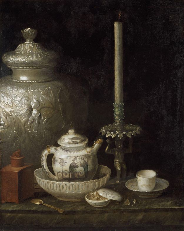 Painting. A teapot sitting in a dish, a teacup, a wide-shouldered ginger jar with a lid, and a candlestick are arranged on a marble ledge in front of a dark background. The base of the candlestick is a person holding up the round drip pan.