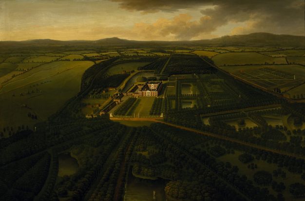 Painting. We look down onto an estate sprawling amid rolling green hills. A lawn stretches in front of a rectangular manor house, and formal gardens are to our right.