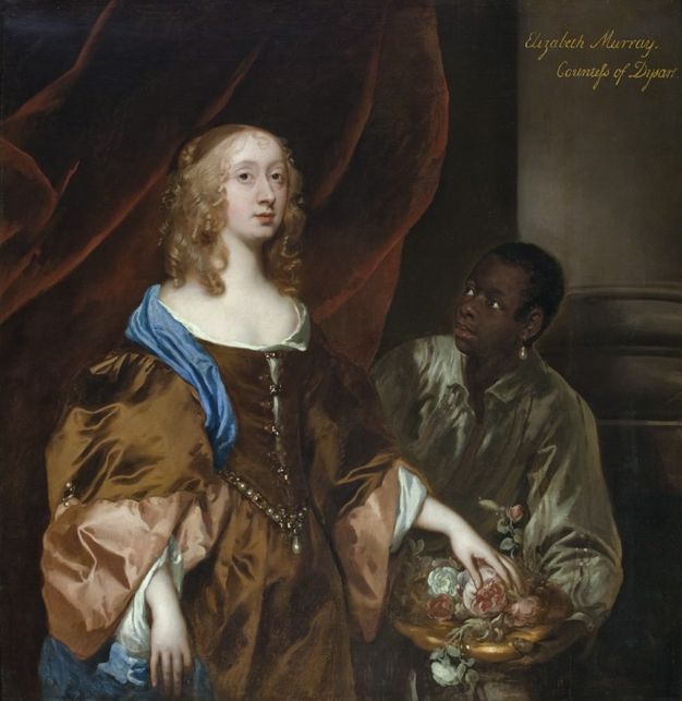 Painting. Shown from the hips up, a pale-skinned woman looks at us while touching a dish of roses held by a dark-skinned man. He leans forwards from her side, looking up at her. He wears a light-coloured garment with puffy sleeves and a large pearl earring. The woman wears a brown silk dress with a jewelled belt.