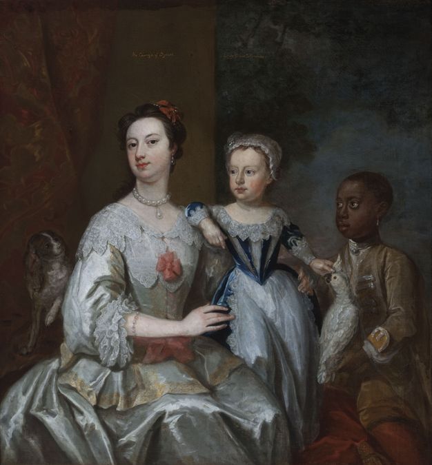 Painting. A woman supports a small child, both pale-skinned, as a young, dark-skinned boy looks on from our right. The boy holds a white parrot, and a small brown and white dog raises one front paw while looking at the woman to our left.