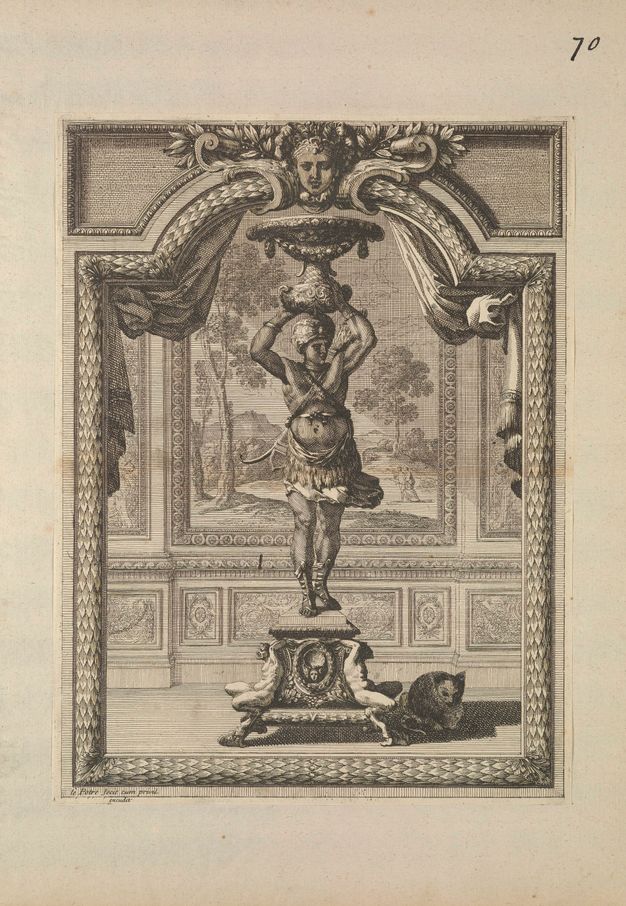 Print. A muscular person stands on an elaborately decorated pedestal and balances a dish on their head. The object is shown in a room with ornamental panelling and moulding, and a cat lies in the shadows to our right.