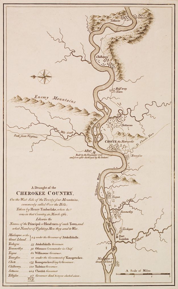 Map. The snaking Tennessee River winds down the centre of this sheet. Features like “Enemy Mountains” are labelled, as are some tributaries. A legend is in the lower left.