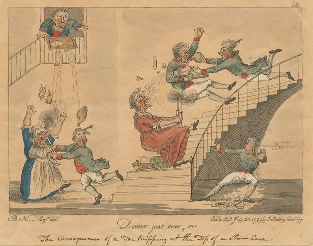 Print. This hand-coloured etching shows a woman and two men falling down a flight of stairs. The two candlesticks the woman holds burns the backside of one man, and hot soup in a bowl he had carried pours onto her reddened face. Another tray is dropped at the top of another flight of stairs, its contents pouring down onto servants standing below. All the people have pale skin.