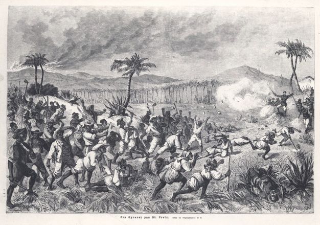 Print. Dozens of dark-skinned men and women rush at a pale-skinned officer, who flings his hands up. Smoke billows from a burning mountaintop to our left.