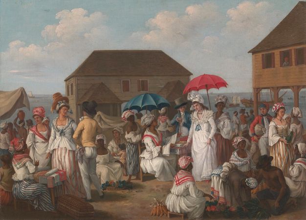 Painting. Pale, medium, and dark-skinned people sit, stand, and walk in a market scene near the water’s edge. Most of the women wear white with red or blue scarves and hats or head coverings. One pale-skinned, standing woman interacts with a seated, dark-skinned woman who holds out a strip of linen. Another dark-skinned woman holds up a red parasol over the standing woman.