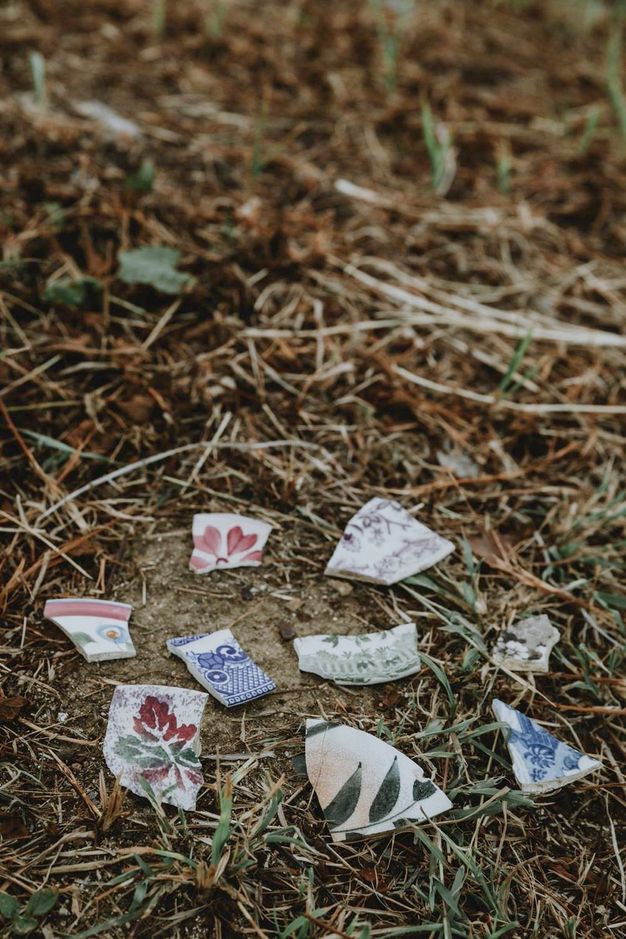 Porcelain. Eight fragments of white porcelain painted with red, green, or blue lie in grass.