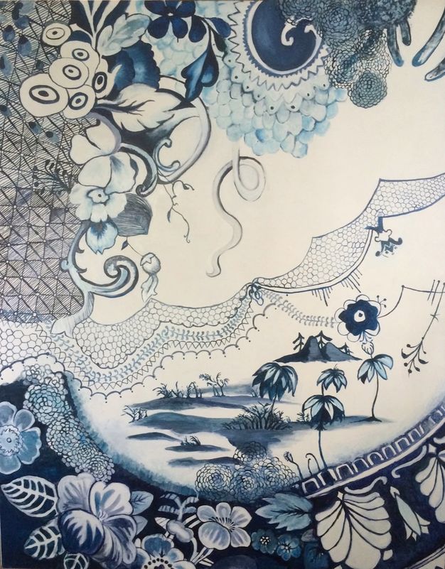 Painting. Patterns in lacy and geometric designs and flowers frame a landscape view. The composition is painted in sky and marine blue against white.