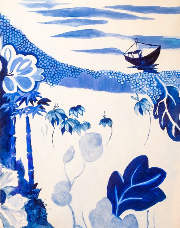 Painting. Leaves, flowers, and mountains are painted in vivid blue against white. A boat in dark silhouette floats near the upper right corner.