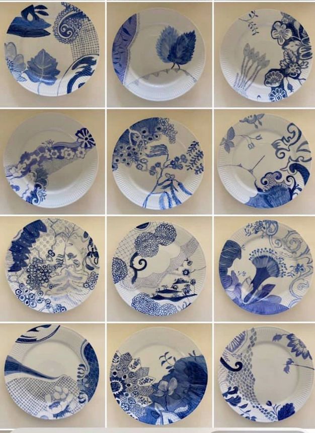 Porcelain. Pictures of twelve white ceramic plates painted with shades of cobalt blue are arranged in a grid. The forms are sinuous and organic, with flowers, vines, and leaves.